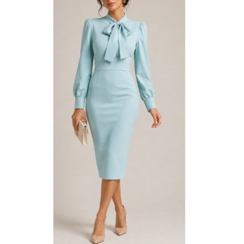 Fehaute Women's Light Blue Bow Crew Neck Longsleeve Sheath Midi Dress Size S NWT